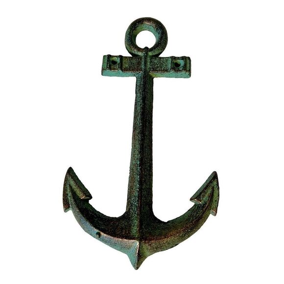 Nautical Anchor Green & Gold Cast Iron Anchor Wall Hanging Decor Beach House - Picture 1 of 4